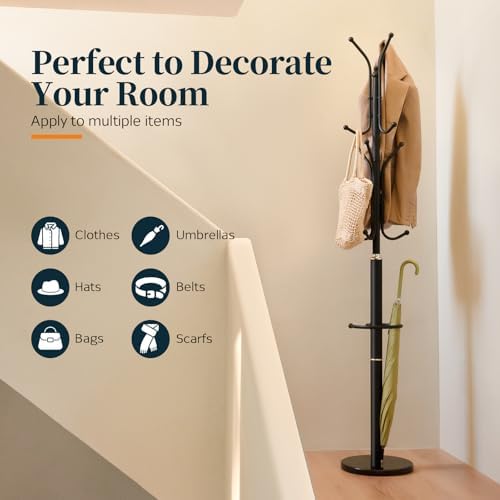Yoobure Metal Coat Rack Freestanding with Marble Base, Coat Tree with 12 Hooks & Umbrella Holder, Coat Hanger Stand for Corner Entryway Bedroom Office, Heavy Duty Coat Rack Stand for Clothes Hats Bags - Image 6