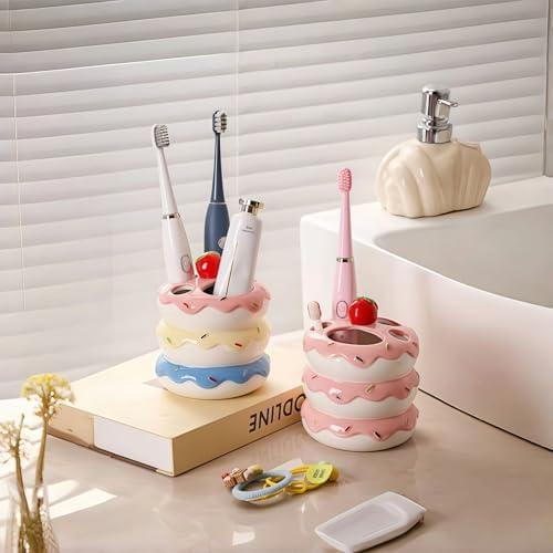 Donut Ceramic Toothbrush Holder, 5-Slot Toothbrush and Toothpaste Holder Cute Toothbrush Holder Set, Bathroom Storage Rack Suitable for Electric Toothbrushes, Toothpaste, Dental Floss (Color Mixing) - Image 6
