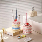 Donut Ceramic Toothbrush Holder, 5-Slot Toothbrush and Toothpaste Holder Cute Toothbrush Holder Set, Bathroom Storage Rack Suitable for Electric Toothbrushes, Toothpaste, Dental Floss (Pink) - Image 6