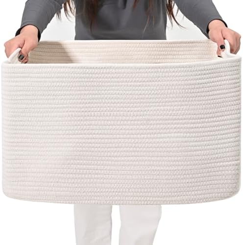 ICERZCZ Large Rectangle Blanket Basket, Large Storage Basket, Cotton Rope Woven Baskets for Storage with Handles, Toy Baskets for Baby Nursery Living Room Bedroom, 22”x17”x12”, White, 75L by ICERZCZ