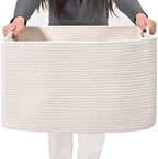 ICERZCZ Large Rectangle Blanket Basket, Large Storage Basket, Cotton Rope Woven Baskets for Storage with Handles, Toy Baskets for Baby Nursery Living Room Bedroom, 22”x17”x12”, White, 75L by ICERZCZ