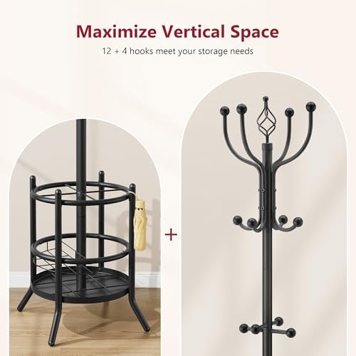 Tajsoon Coat Rack with Umbrella Holder, Coat Stand With 16 Hooks, Black - Image 6