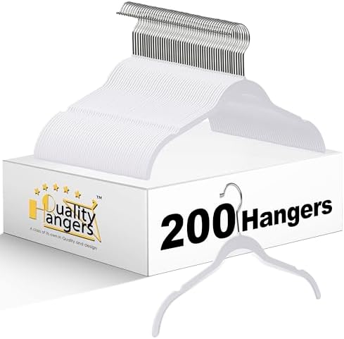 Quality Hangers Clothes Hangers 200 Pack - Non-Velvet Plastic Hangers for Clothes -Heavy Duty Coat Hanger Set -Space-Saving Closet Hangers with Chrome Swivel Hook, Non-Flocked Hangers (200, White) by QualityHangers