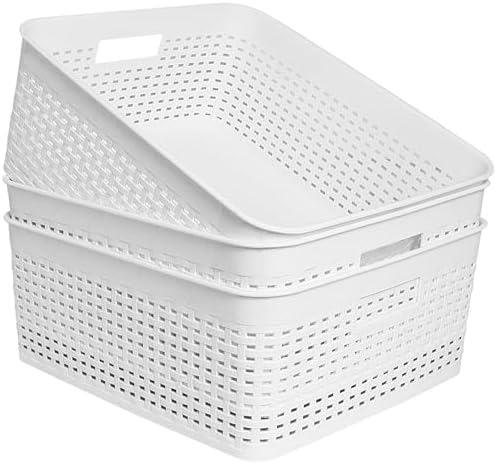 Soddeph Plastic Storage Baskets for Cabinets, Household Pantry Organization with Handle,Organizer Bins for Room,Bathrooms,Under-Sink,Kitchen (White, L-3PACK) by Soddeph