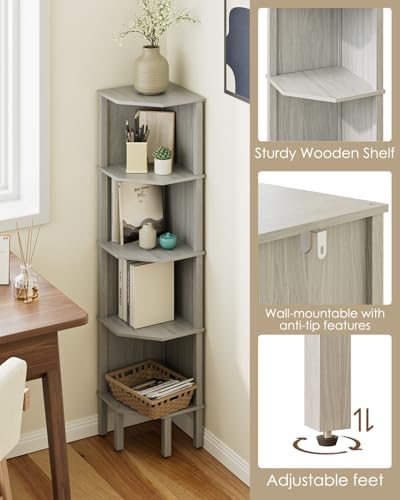 Corner Shelf, 5 Tier Corner Bookshelf, Display Corner Shelf Stand with Storage Rack, Wall Corner Bookshelf for Living Room, Bedroom, Office, Grey - Image 5