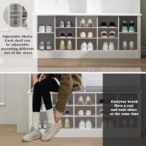 Wodeer Hall Tree with Bench and Shoe Storage, 53" Farmhouse 4-in-1 Mudroom Storage Organizer with Coat Rack, 6 Hooks, 12 Shoe Cubbies, Adjustable Shelf, for Entryway, Hallway, Living Room, White - Image 4