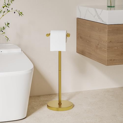 Toilet Paper Holder Stand, Modern Bathroom Free Standing Toilet Paper Roll Holder, Post Pivoting Toilet Paper Stand with Stainless Steel Tissue Rack, Rust-Proof & Heavy Stable Base（Brushed Gold） - Image 2