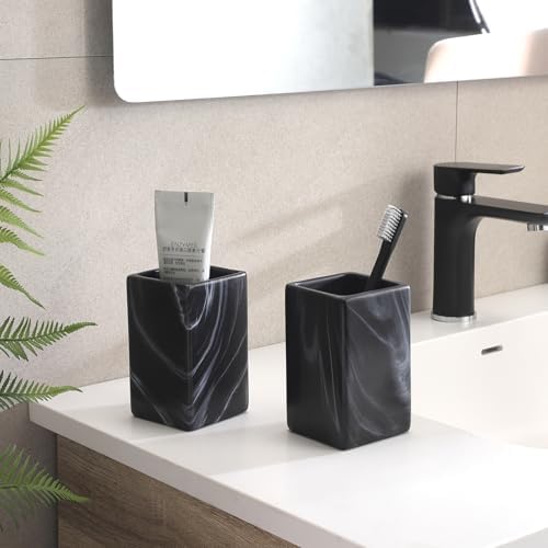 Matte Black Toothbrush Holders for Bathrooms - 2 Marble Square Cups Ceramic Toothbrush Toothpaste Holders Set, Black Bathroom Tumbler Cups Reusable Toothbrush Cup, Bathroom Counter Organizer - Image 2