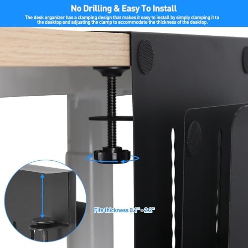 MAXECHO Desk Side Storage, Under Desk Laptop Mount, Table Side Hanging File Organizer, No Drill Clamp On Cable Management Tray, Laptop Holder with Magnetic Pen Holder for Office and Home, Load 22 Lbs - Image 2
