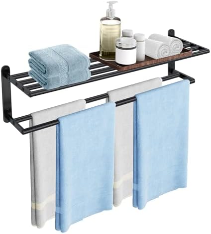 Double Towel Racks for Bathroom, Towel Shelf with Double Towel Bar 32 inch, Towel Rack with Shelf for Bathroom, Stainless Steel Towel Holder Wall Mounted, Towel Storage for Bathroom Lavatory Black by XEENEW
