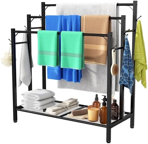 HavenlyYouth 3 Tier Towel Rack with Large Storage & 6 Hooks, Blanket Rack for Oversized Bath Towels, Free Standing Pool Towel Rack Stand for Bathroom Pool Indoor/Outdoor, 35.8" H x 31.5" L x 11.8" W by HAVENLYYOUTH