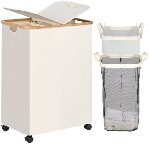 efluky Double Laundry Hamper with Wheels, Divided Laundry Hamper with Removable Bags, 2 Section Dirty Clothes Basket with Handles for Bathroom, Bedroom & Laundry Room, 160L Beige by efluky
