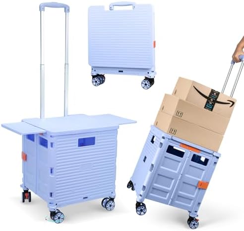 Foldable Utility Cart Folding Portable Rolling Crate with Magnetic Extended Lid,360°Rotate Wheels,176LBS Load Capacity,Heavy Duty Durable Dolly Cart for Teacher Tourist Shopping Office Outdoor by ZIYOULANG