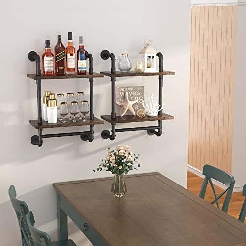 Helsin 2 Tier Industrial Pipe Floating Bathroom Shelves Wall Mounted with Towel Bar, Rustic Wood Wall Shelf, 16 Inch Metal Towel Rack Storage Bookshelf for Bathroom, Kitchen, Farmhouse, Living Room - Image 5