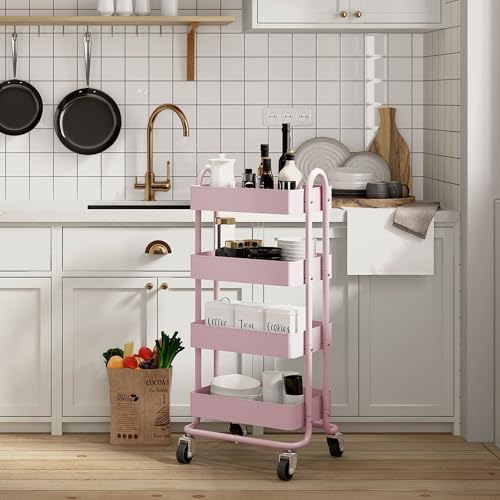 4 Tier Metal Rolling Cart Pink Utility Cart with Wheels,Rolling Pink Cart for Office,Home,Kitchen,Garden（13.4"x18.1"x40"） - Image 2