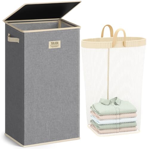 SOLEDI 100L Laundry Hamper with Lid, Large Collapsible Laundry Basket by SOLEDI