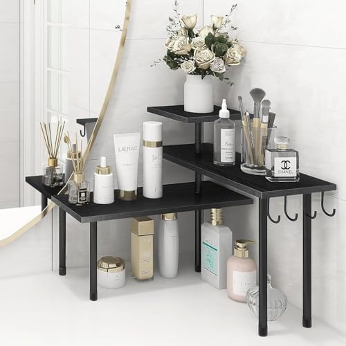 Homode Bathroom Counter Organizer Corner Shelf, Kitchen Countertop Organizer, 3 Tier Wood Counter Shelf Stand for Over The Sink, Coffee Station, Desktop, Black by Homode