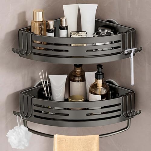 Lekesky Corner Shower Caddy Suction Cup, Shower Corner Shelf with a Towel Bar, No Drill shower rack, bathroom shelves for Organizers and Storage, Shower Shampoo Holder(Aluminum, 2-Pack, Gunmetal Gray) by LEKESKY