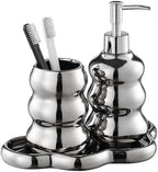 Silver Bathroom Accessory Set, 3-Piece Ceramic Bath Accessories Set with Tray, Lotion Dispenser, and Tumbler by LiveHouse