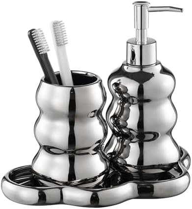 Silver Bathroom Accessory Set, 3-Piece Ceramic Bath Accessories Set with Tray, Lotion Dispenser, and Tumbler by LiveHouse