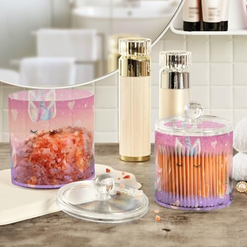 Rainbow Gradient Shiny Unicorn Horn Lashes Hearts Qtip Holder Waterproof Dustproof Apothecary Jars with Lids For Bathroom Cotton Swabs Makeup Sponges Floss Picks Bath Salts 2 Pack - Image 4