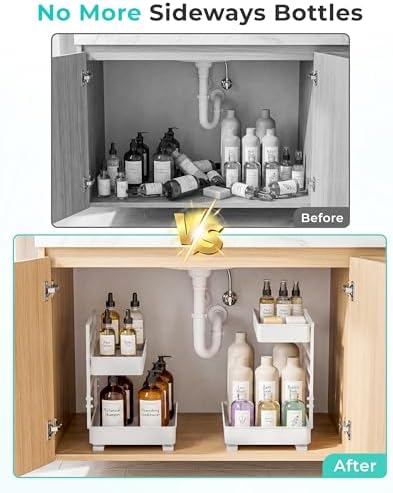 EVERIE Height Adjustable 2 Tier Metal Pull Out Slide Shelf Organizer for Framed or Frameless Under Sink Cabinets in Kitchen, Bathroom, with Snap-on Top Tray (White, 2 Sets) - Image 2