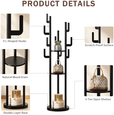 Yoobure Rotary Coat Rack Freestanding - Solid Wood Coat Tree with 9 hooks & 3 Storage Shelves for Purse, Bag, Jacket, Hat, Corner Hanger Stand Racks for Hall, Entryway, Office, Clothes Holder, Black - Image 5