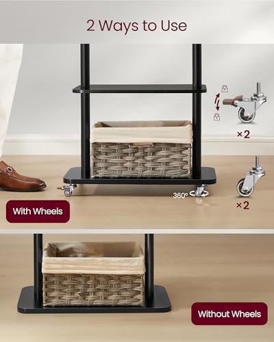VASAGLE Freestanding Coat Rack with Wheels, 7 Wooden Hooks, 2 Shelves - Image 4