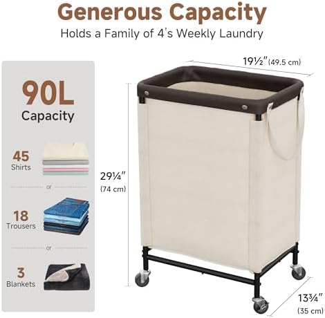 StorageWorks Laundry Hamper with Wheels and Removable Liner Bag, Beige, 90L - Image 2