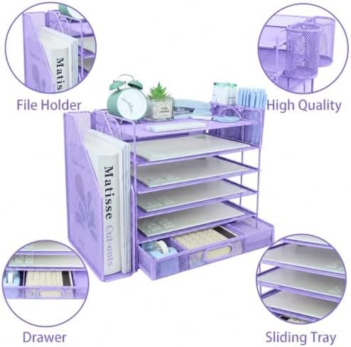 Desk Organizers and Accessories with File Holder, 6-Tier Paper Letter Tray Organiser with Drawer and 2 Pen Holder, Mesh Desktop Document Organizer for Office Supplies, Workspace - Purple - Image 3