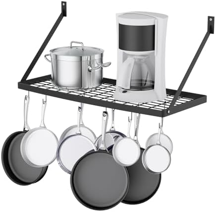 Miyili Wall Mounted Hanging Pot Rack – 30 by 13-Inch Kitchen Organizer with 10 Hooks, Space-Saving Cookware Hanger for Pots & Pans, Black by Miyili