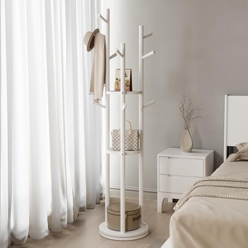 Muwuele Solid Wood Rotary Coat Rack, Freestanding Coat Rack with 3 Shelves and 9 Hooks, Coat tree for Bedroom, Entryway, Livingroom, Coat Hanger Stand for Coats, Scarves, Handbags (White) - Image 2