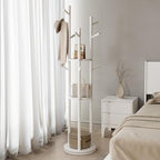 Muwuele Solid Wood Rotary Coat Rack, Freestanding Coat Rack with 3 Shelves and 9 Hooks, Coat tree for Bedroom, Entryway, Livingroom, Coat Hanger Stand for Coats, Scarves, Handbags (White) - Image 2