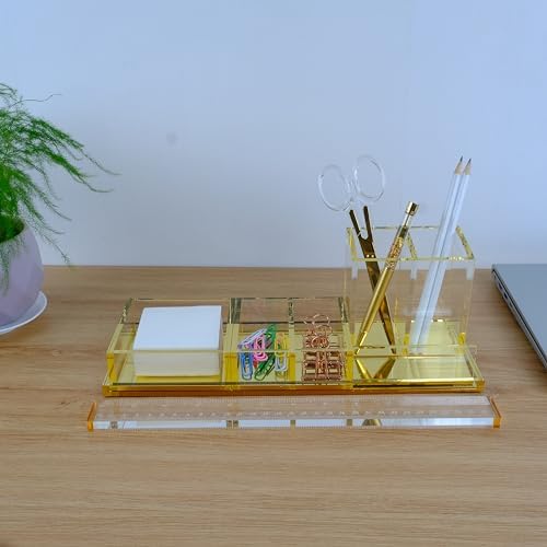 Acrylic Desk Organizer 4-Piece Desk Kit + Free Complimentary Acrylic Ruler, Desktop Organization for Office or Home (Gold) - Image 2