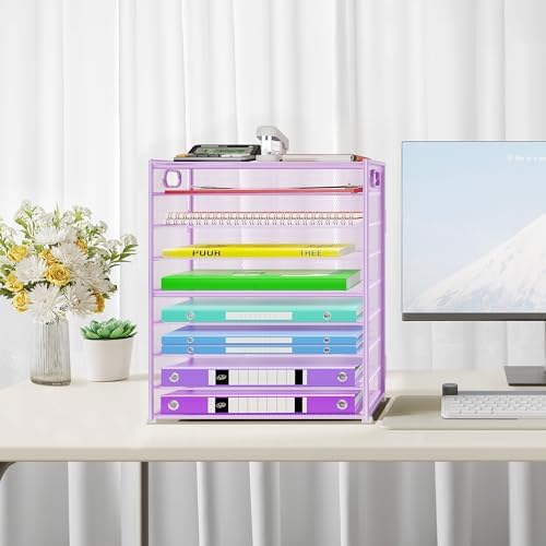 Cawukege 9 Tier Paper Organizer with Handle, 2 Pack Large Capacity Desk Organizer Mesh Paper Letter Tray File Folder Document Sorter for Classroom and Office Accessories Organization- Purple - Image 6