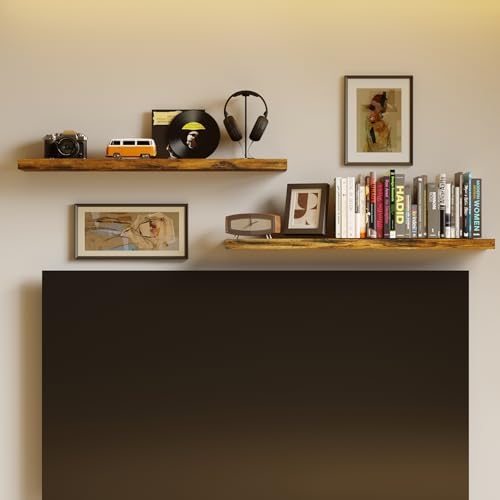 BAMEOS Floating Shelves,40 in W x 7in D Wall Mounted Wooden Shelves with Invisible Brackets Set of 2, Hanging Wall Shelves Decoration for Bedroom, Bathroom, Living Room and Kitchen,Rustic Brown - Image 2