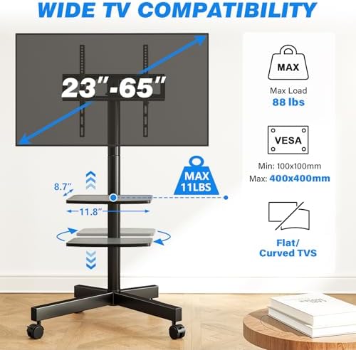 Rfiver Mobile TV Stand for 23-65 Inch Flat/Curved TVs up to 88 lbs Black - Image 2