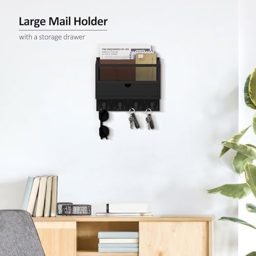 Nekon Mail Organizer with Drawer for Wall, Wooden Key Holder, Black - Image 3