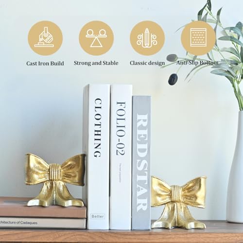 Metal Bookends Set of 2, Heavy Duty Book Ends for Heavy Books, Gold Decorative Bookends for Shelves Desk Office Home Decor - Image 2