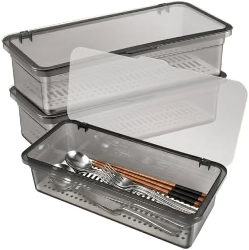 Cabilock 3 Pack Silverware Organizer with Lid, Cutlery Tray Utensil Holder for Kitchen Drawer, Dustproof Flatware Storage Box with Drainer for RV Camping, Black by cabilock