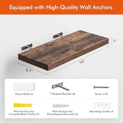 YUFLINX 16’’Rustic Brown Floating Shelves for Wall Set of 4,Rustic Wood Shelf for Room Decor/Storage/Display,Small Bookshelf,Wall Mounted Hanging Shelves for Bedroom, Bathroom, Living Room, Kitchen - Image 6