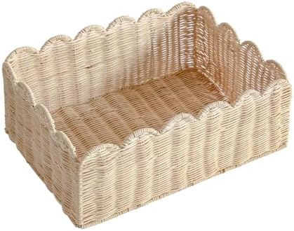 Scalloped Basket, Wicker Storage Baskets, Hand Woven Baskets for Shelves,Natural Baskets for Organizing (Rattan&M-14" L x 10.5" W x 6" H) by Unknown