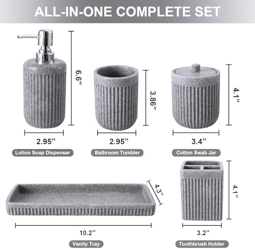 XLHOMO Resin Grey Bathroom Accessories Set 5 Pcs, Lotion Soap Dispenser, Toothbrush Holder, Bathroom Tumbler, Qtip Holder and Vanity Tray, Bathroom Countertop Organizer Set for Modern Home Apartment - Image 2