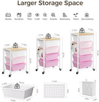Rolling Cart with 3 Drawers, Plastic Drawer Storage Carts with Lockable Wheels & Wooden Tabletop, Metal Utility Cart Organizer, Office Bedroom Classroom Craft Organization and Storage, Bright Pink - Image 3