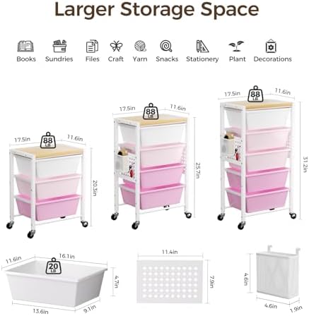Rolling Cart with 4 Drawers, Plastic Drawer Storage Carts with Wheels & Wooden Tabletop, Metal Utility Cart with Pegboards, Office Living Room Classroom Craft Organization and Storage, Bright Pink - Image 3