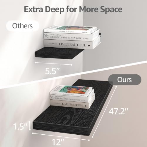 QEEIG 12" Deep Floating Shelves for Wall (Black, Set of 3, 47.2" x 12") - Image 3