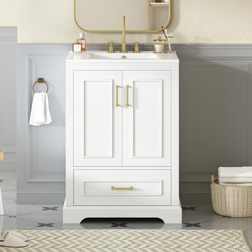 Harper & Bright Designs 24" Bathroom Vanity with Sink, Free Standing Single Basin Vanity with Divided Drawer & 2 Doors with Double Shelf, Wooden Storage Cabinet with Ceramic Basin for Bathroom, White - Image 3