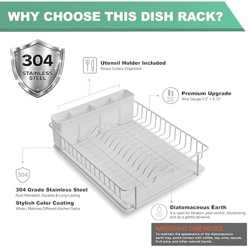 SunnyPoint 304 Stainless Steel Compact Dish Drying Rack, 15.3"x11.6", Diatomaceous Earth Drainboard, Removable Utensil Caddy, Space-Saving Countertop Design (White) - Image 4