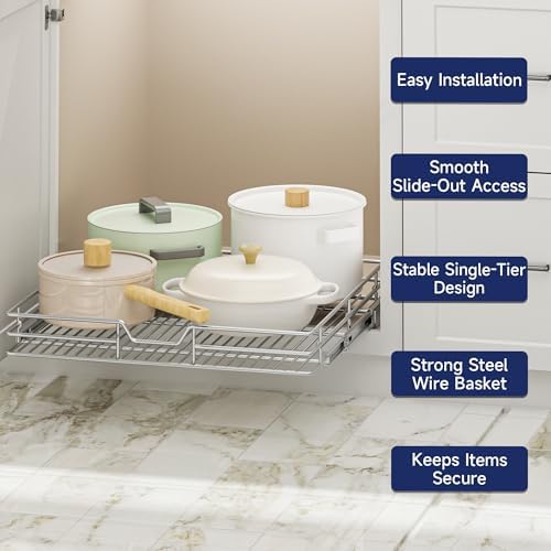 Pull Out Cabinet Organizer, 19.5" W x 21.5" D, Heavy Duty Chrome Slide Out Shelf for Base Cabinets, Sliding Wire Basket Drawer for Pantry Items, Bowls, Containers & Cleaning Supplies - Image 4