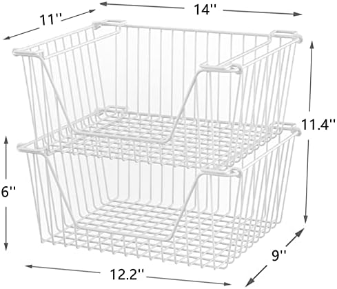 Slideep 14'' Large Metal Wire Storage Organizer Bin Basket Farmhouse Decor Stackable Storage Organizer for Pantry Home Bathroom Kitchen Organization White - 6 Pack - Image 4